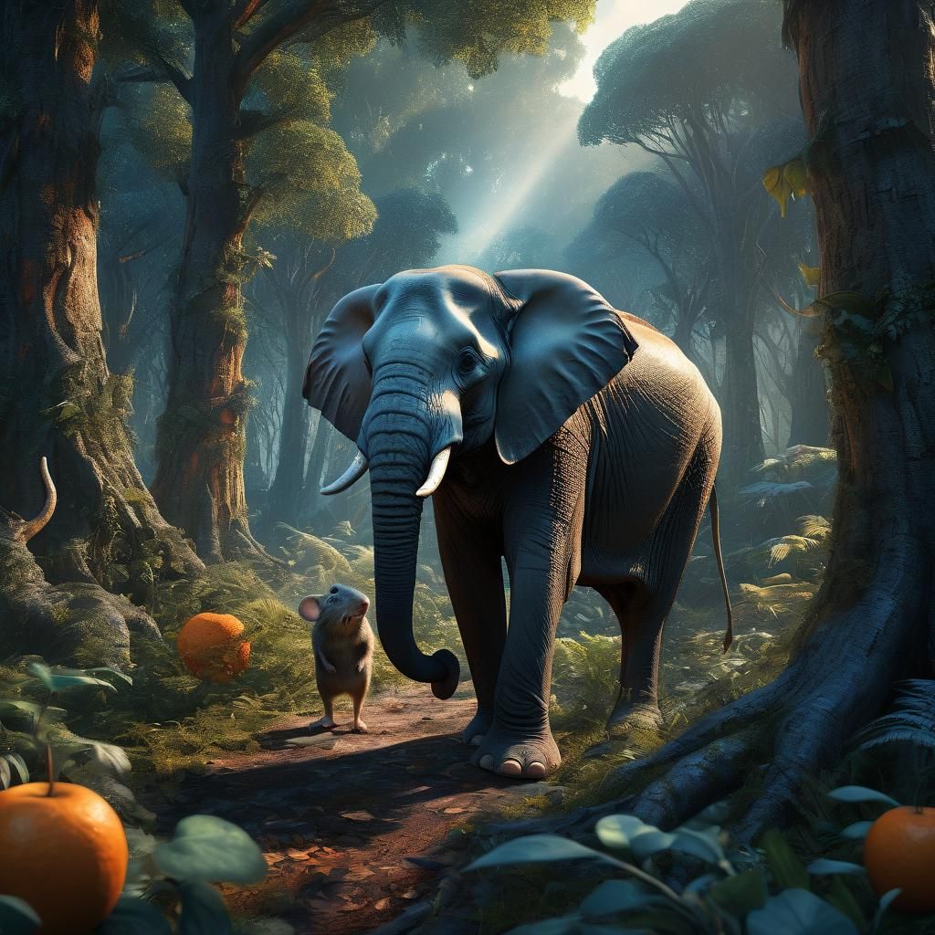 Elephant and Mouse in a Vibrant Forest