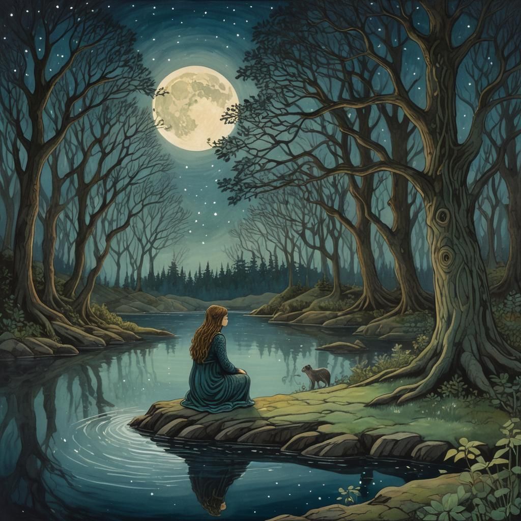 Celtic selkie by a pond in the forest under the night sky, s...