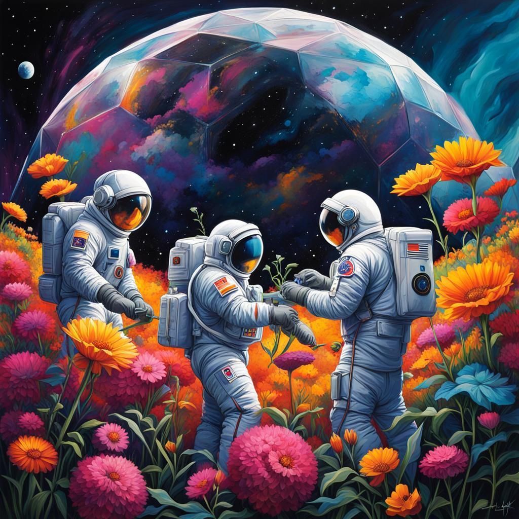 Astronauts Tend Lunar Garden in Graffiti Art Style