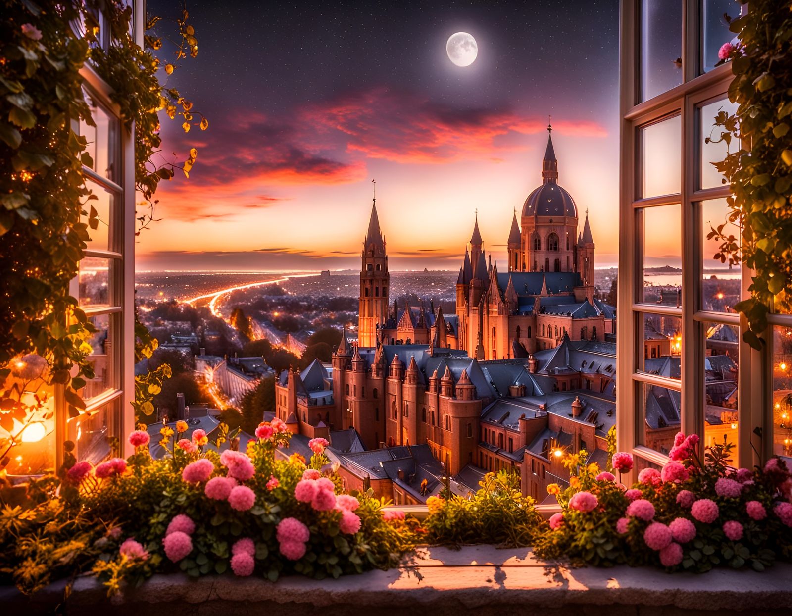 Moonlit Cityscape with Medieval Castle View