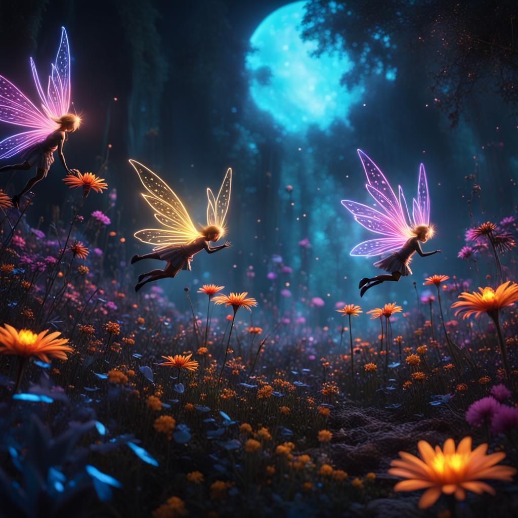Fairies Dancing Around Neon Flowers in the Dark