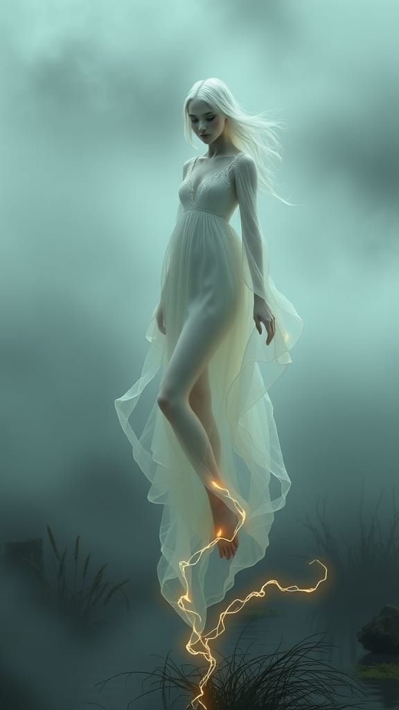 Ethereal Wraith in Diaphanous Gown Drifts Above Misty Bog
