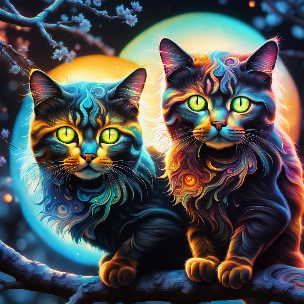 Yin-Yang Cats on Branch: Microscopic Digital Art