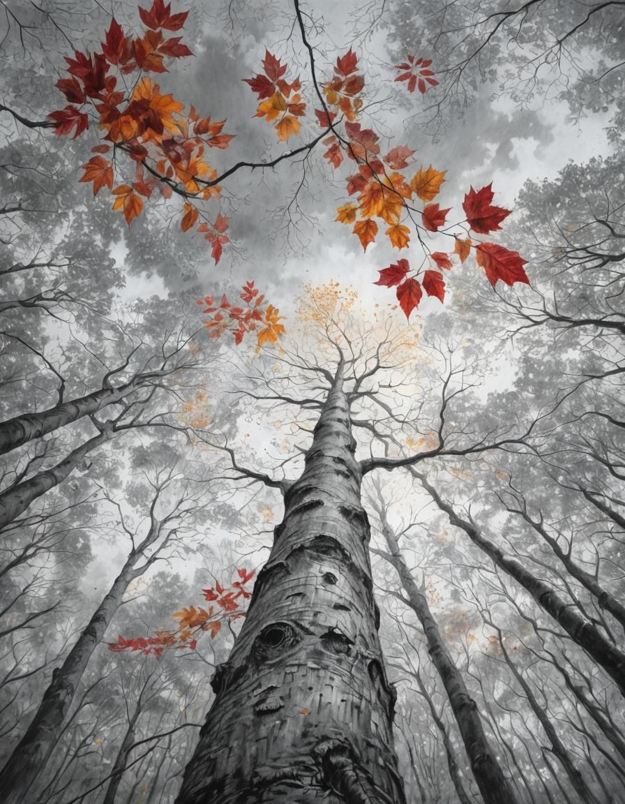 Majestic Autumn Tree in Charcoal Drawing