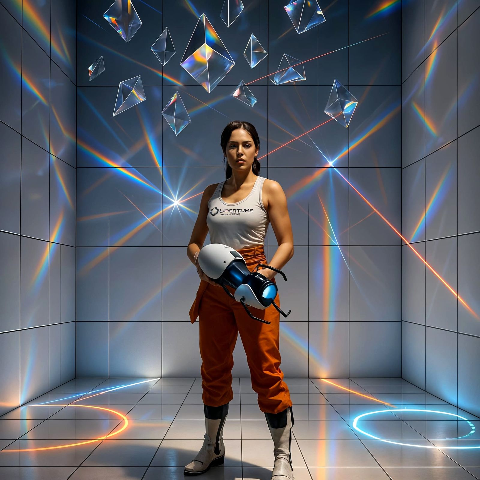 Chell in Aperture Science Test Chamber with Rainbow Prisms