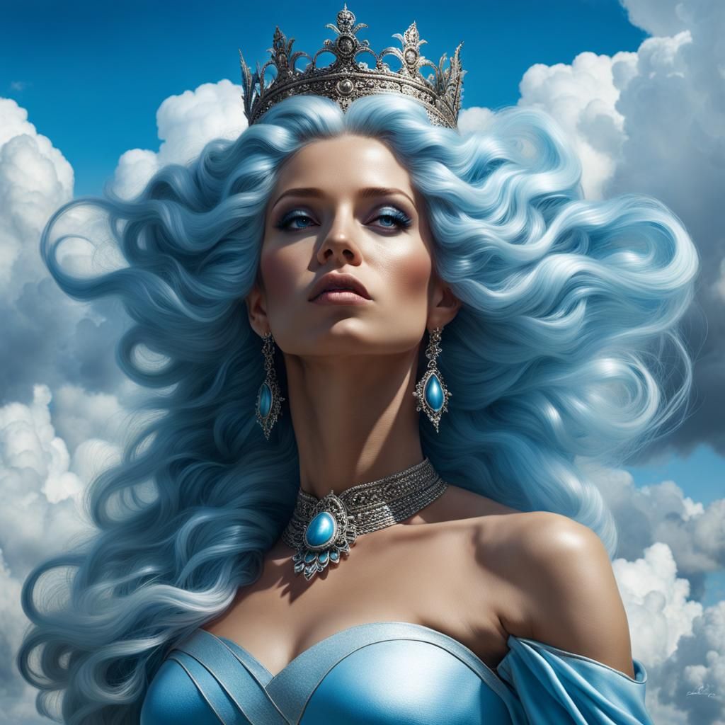 Fantasy Sky Queen with Cloud Hair, Photorealistic