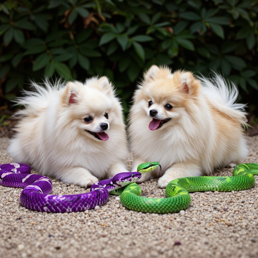 White Pomeranians Play With Purple and Green Snakes