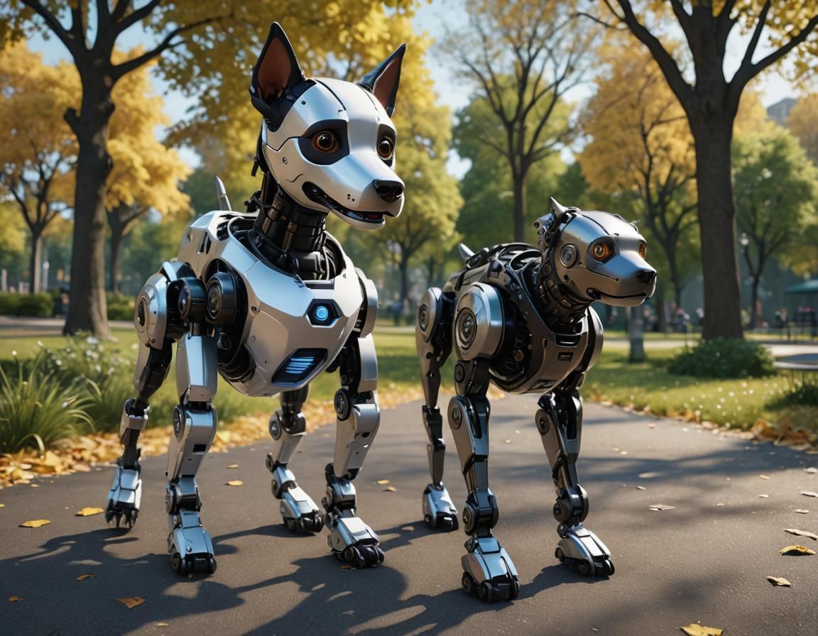 Smiling Robot Dog Plays in Park: Cyberpunk Style