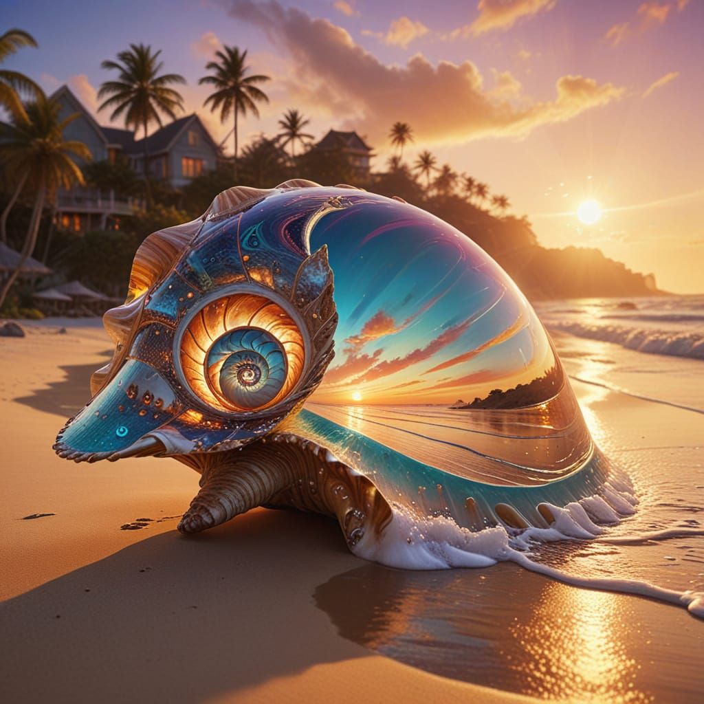 Giant Shell Beach with Microscopic Surfers as Oil Painting