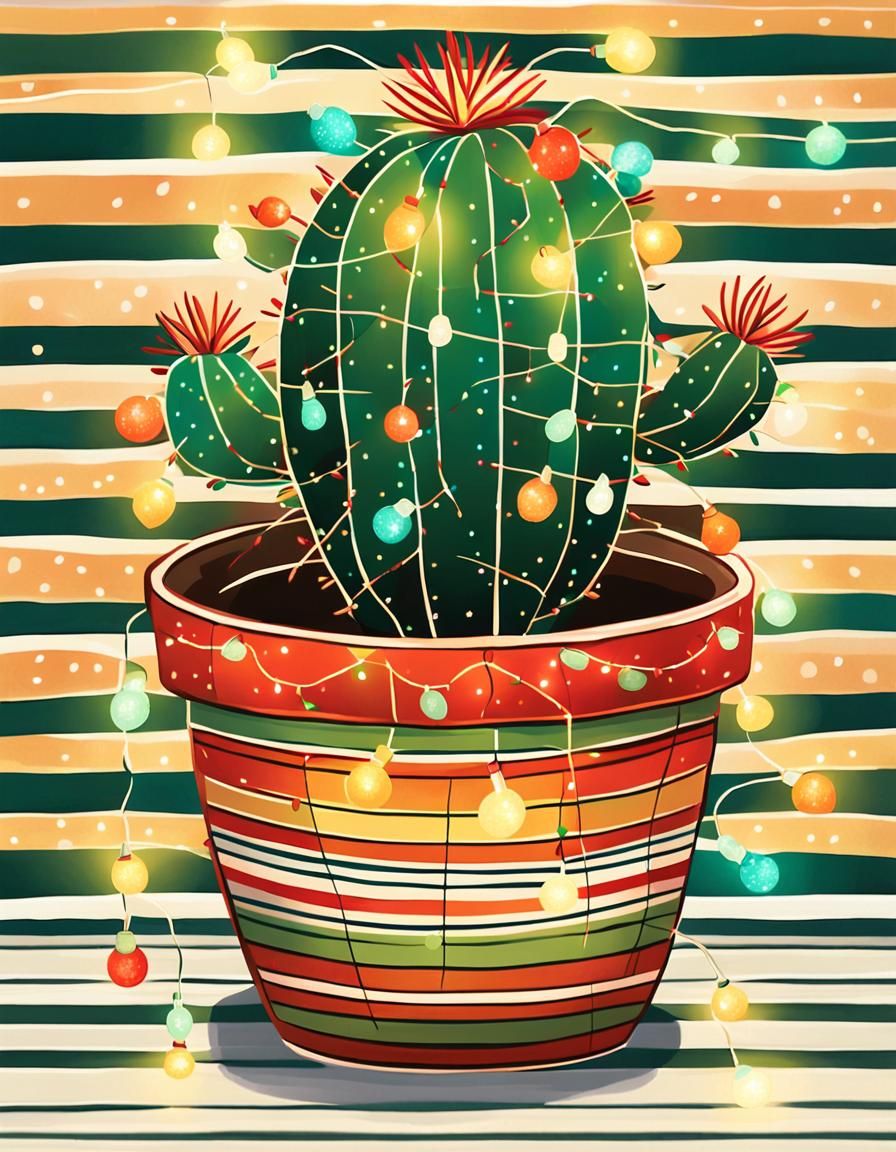 Festive Cactus with Christmas Lights in Folk Art Style