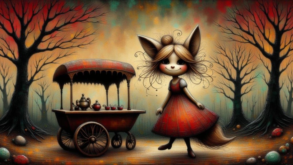 Whimsical Tea Cart Pulled by Fox at Twilight