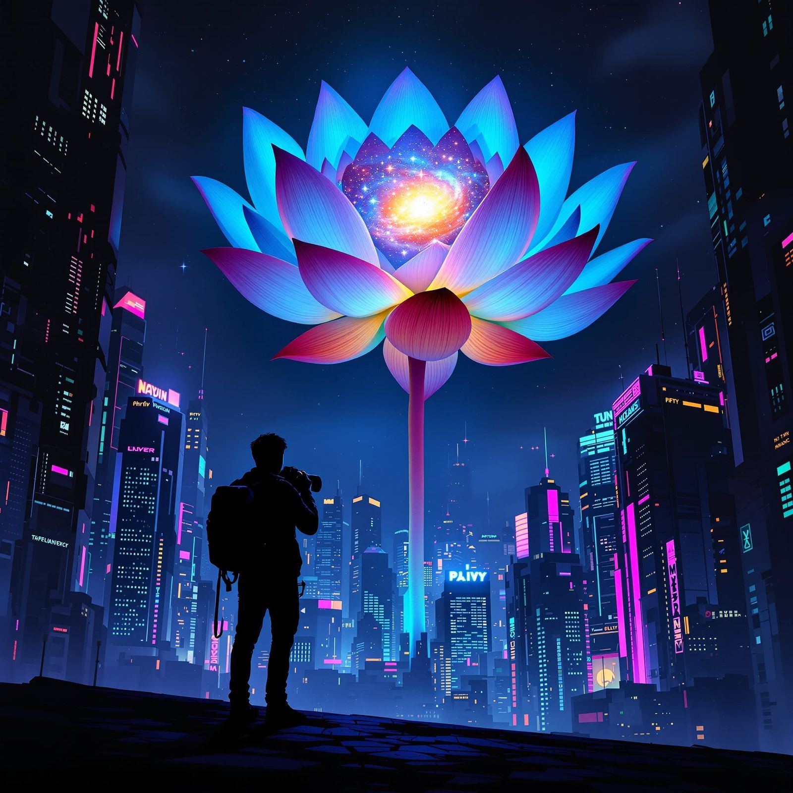 Giant Galaxy Lotus Blooms Over Cyberpunk Cityscape