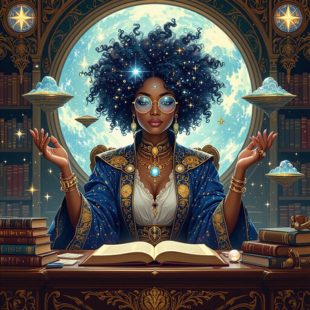 Celestial Afrocentric Librarian in Art Nouveau Style