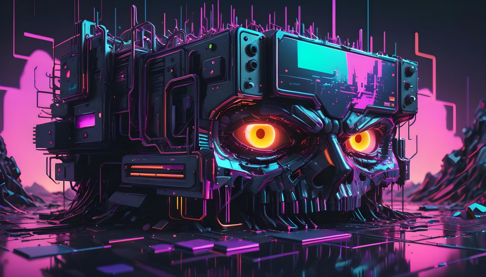 Glitched Computer Code in Synthwave Neon Retro Style