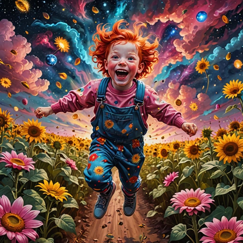 Ecstatic Redhead Leaping Over Psychedelic Sunflower Field