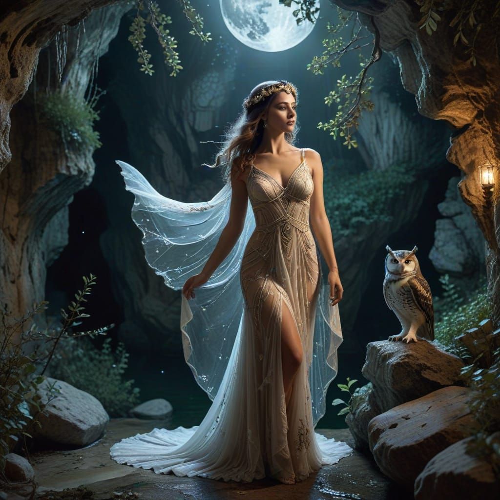 Greek Goddess Artemis in Moonlit Grotto