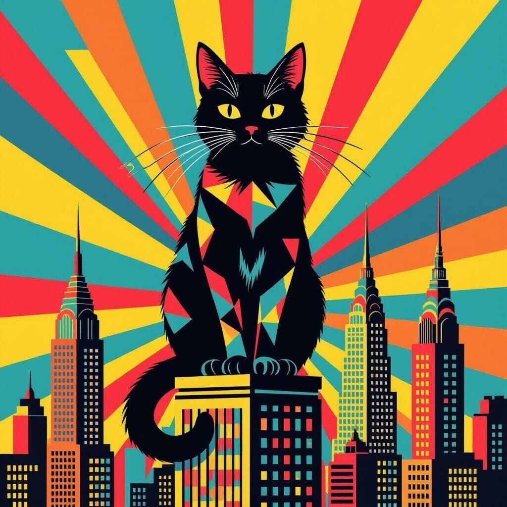 Geometric Cat on Abstract Cityscape in Pop Art Style