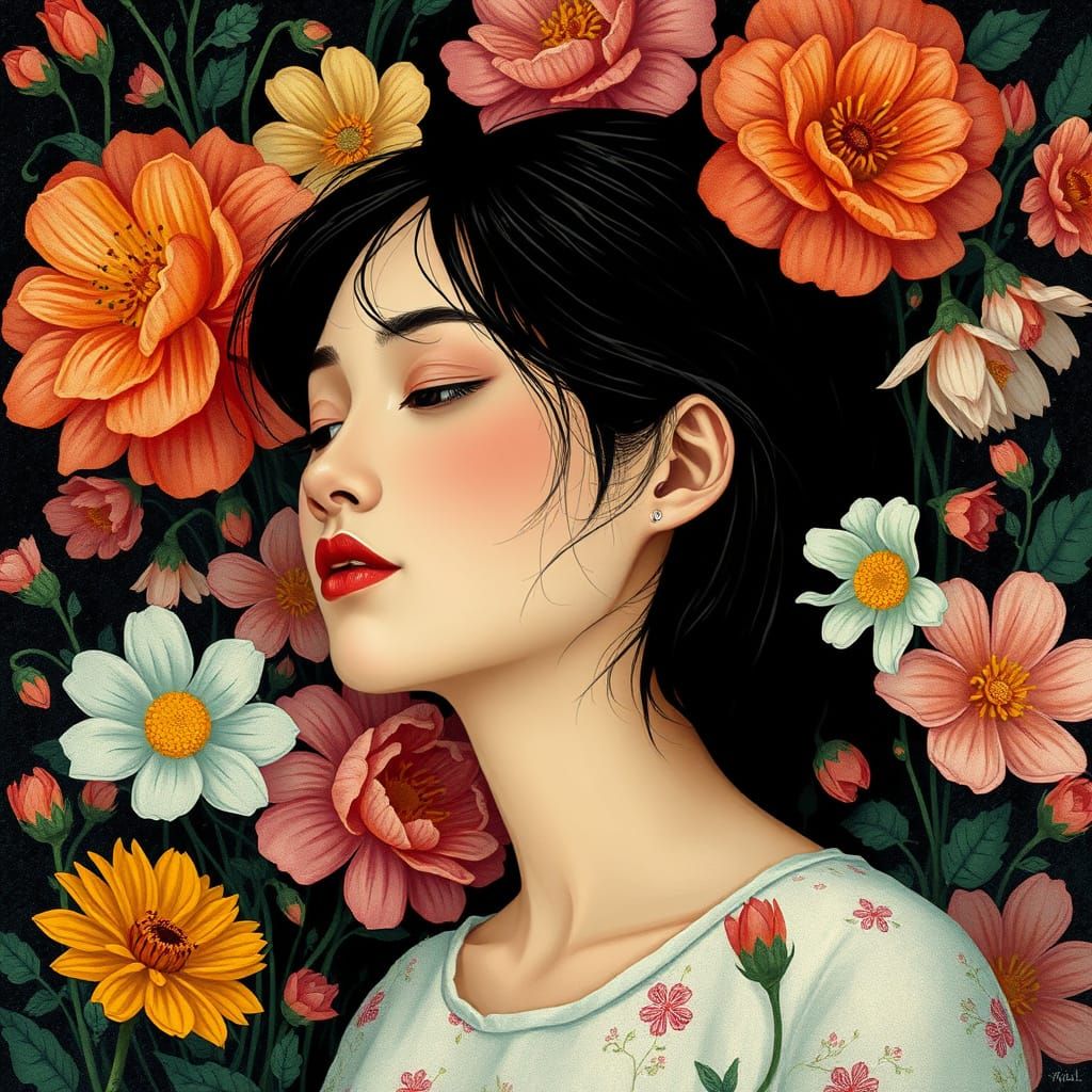 Woman Surrounded by Flowers in Whimsical Art Style