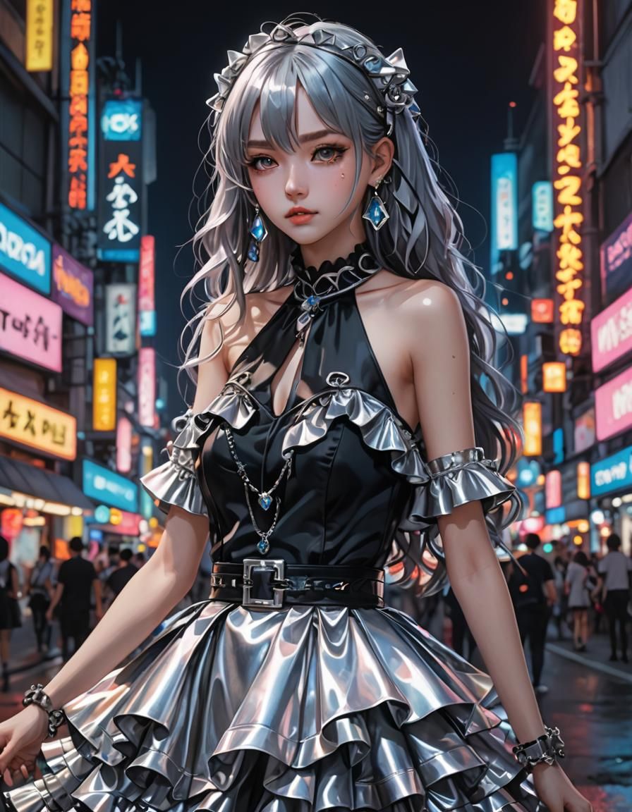 Silver gothic-themed dress. amidst bright neon lights. The dress is a flowing ruffle dress with a gem-encrusted black ha...