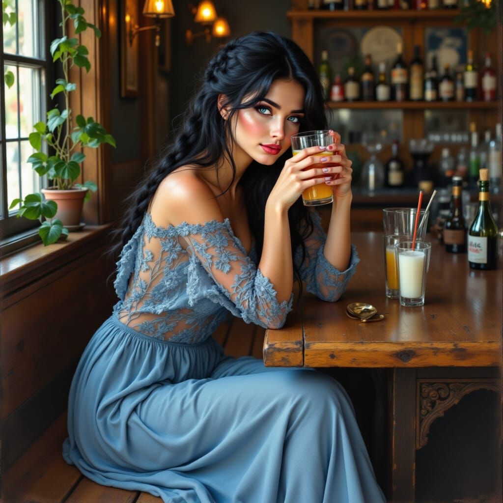 Ethereal Woman in Blue Dress Drinking Juice
