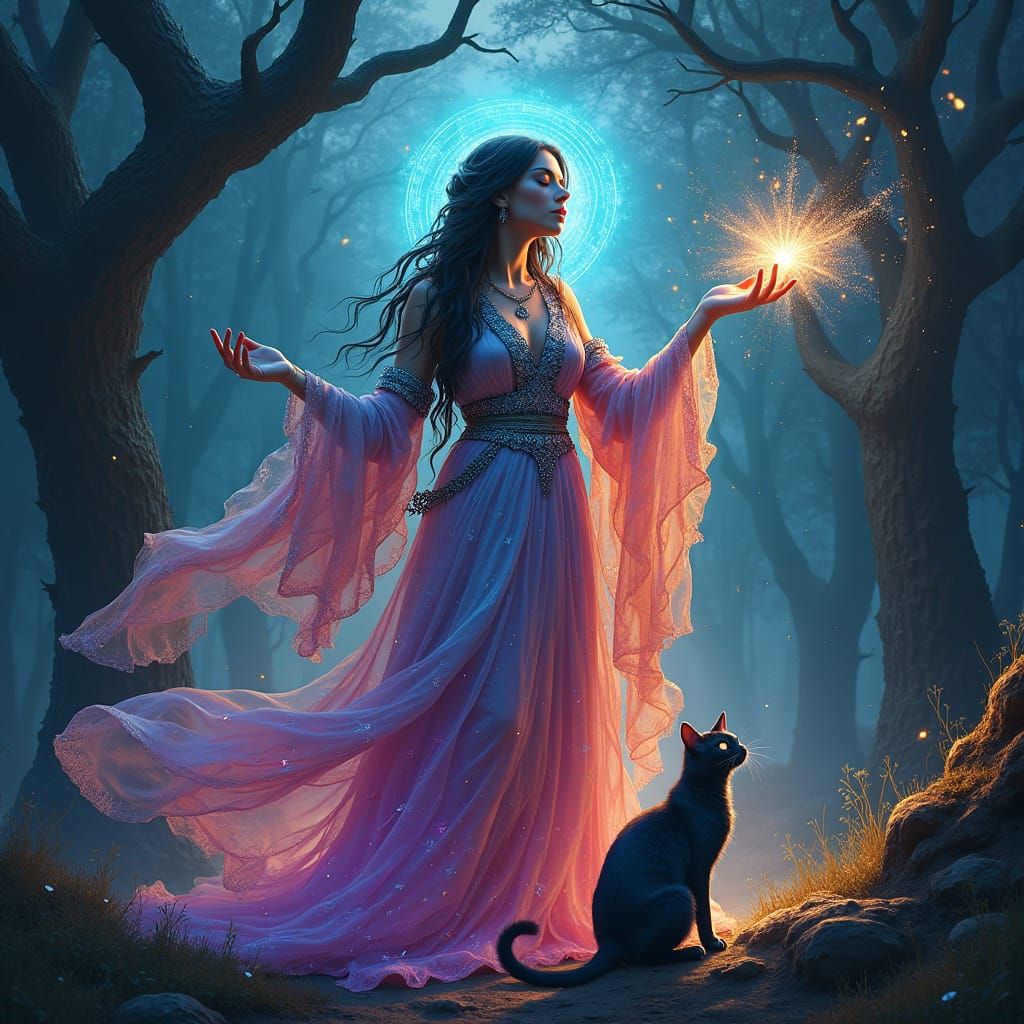 Psychedelic Witch Casting a Spell in Mystical Forest