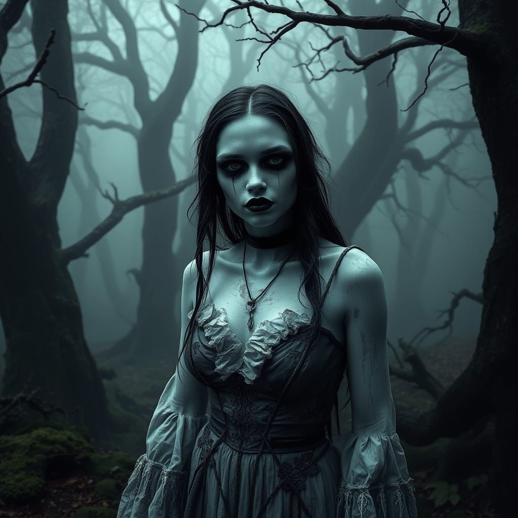 Zombie Woman in Misty Forest, Dark Fantasy Art