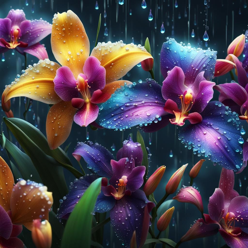 Iridescent Dew Drops on Vibrant Lilies: Matte Painting