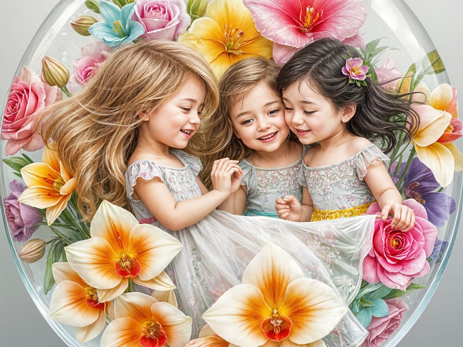 Colorful Floral Wonderland with Little Girls in a Sparkling ...