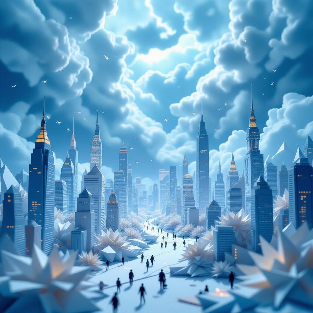 Futuristic Cityscape Dominated by Origami Storm