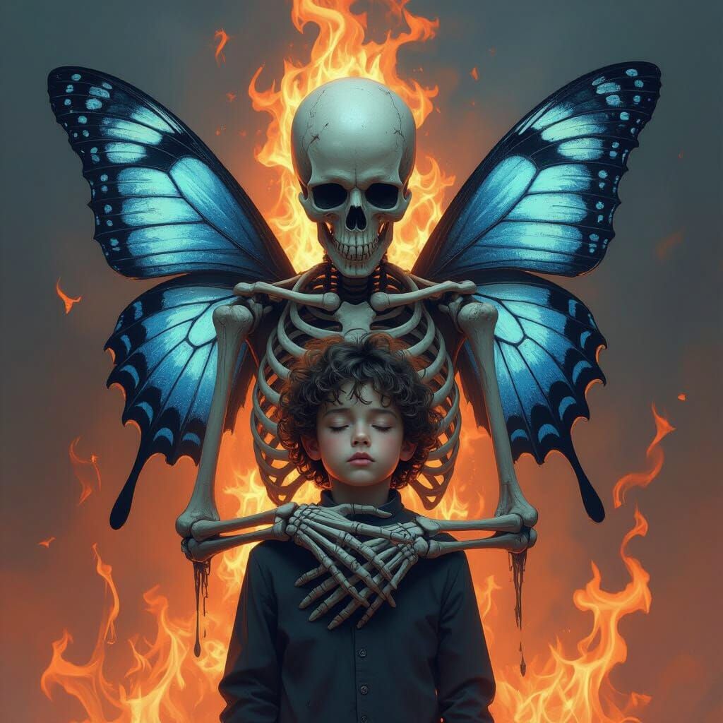 Skeletal Figure With Butterfly Wings and Boy's Head in Flame...