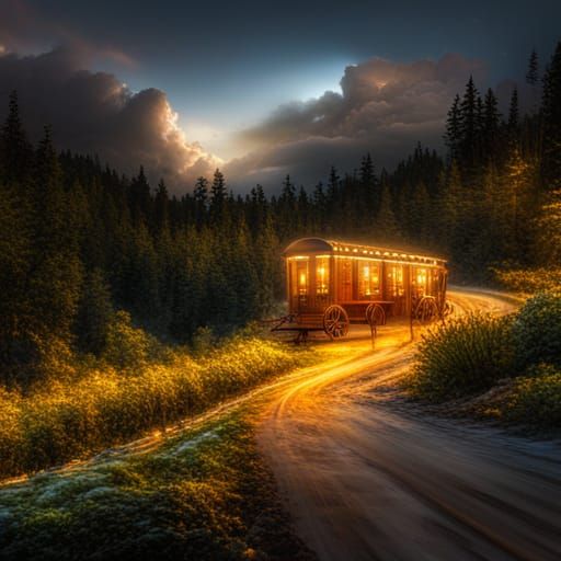 Golden Lit Wagon on Forest Path