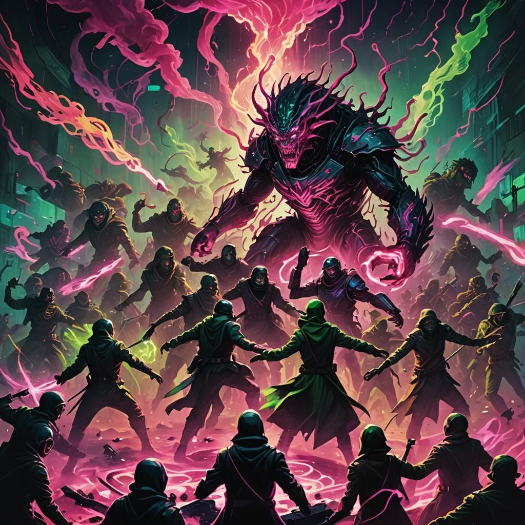 Dystopian Battle with Shadow Army in Surreal Neon Light