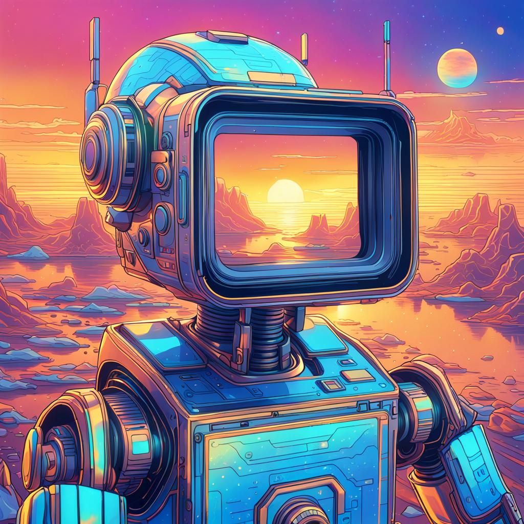 Holographic Robot Reflects Infinite Sunrise: Surreal Digital...