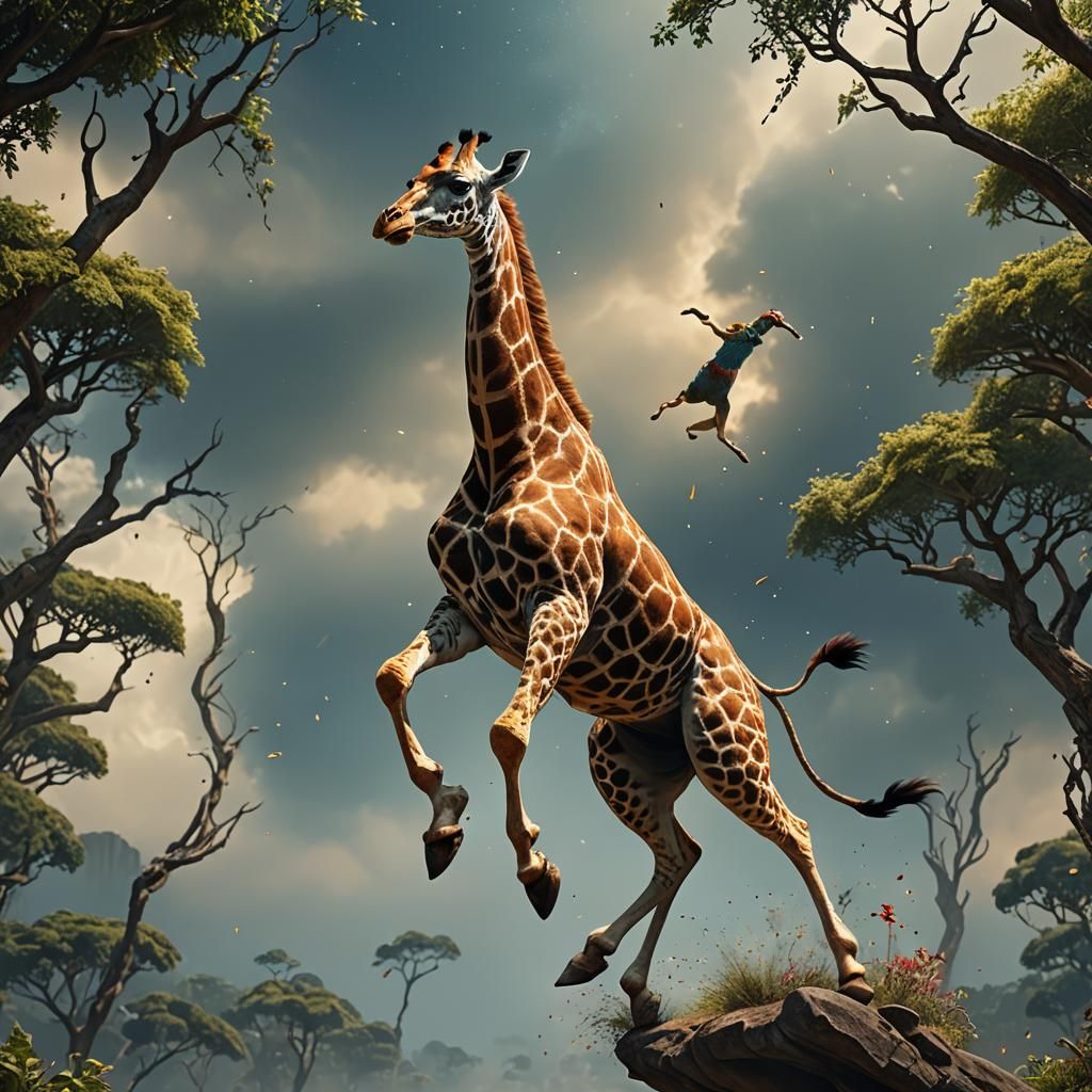 Giraffe High Jump in Detailed Matte Painting Style
