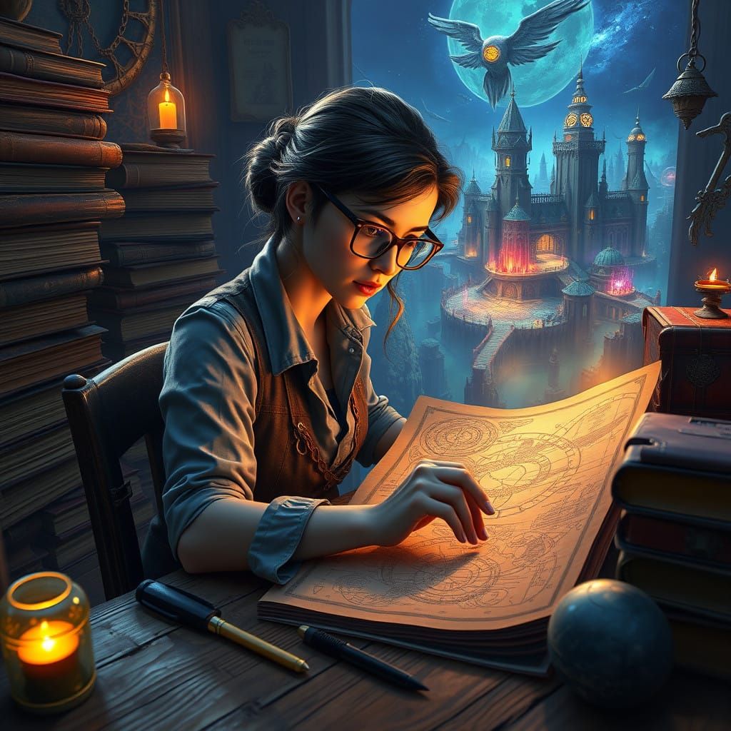 Nerdy Scholar in Whimsical Fantasy Realm