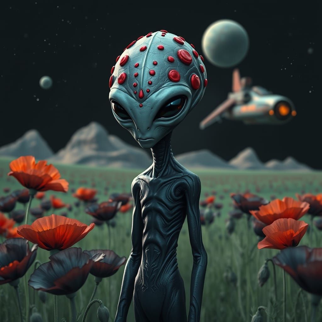 Alien with Triangular Head Stands Amidst Black Poppies