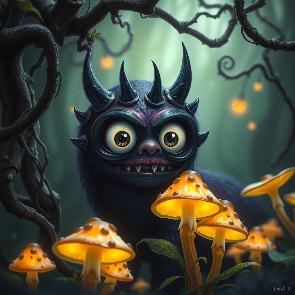 Whimsical Black Berry Monster Emerges from Mystical Forest