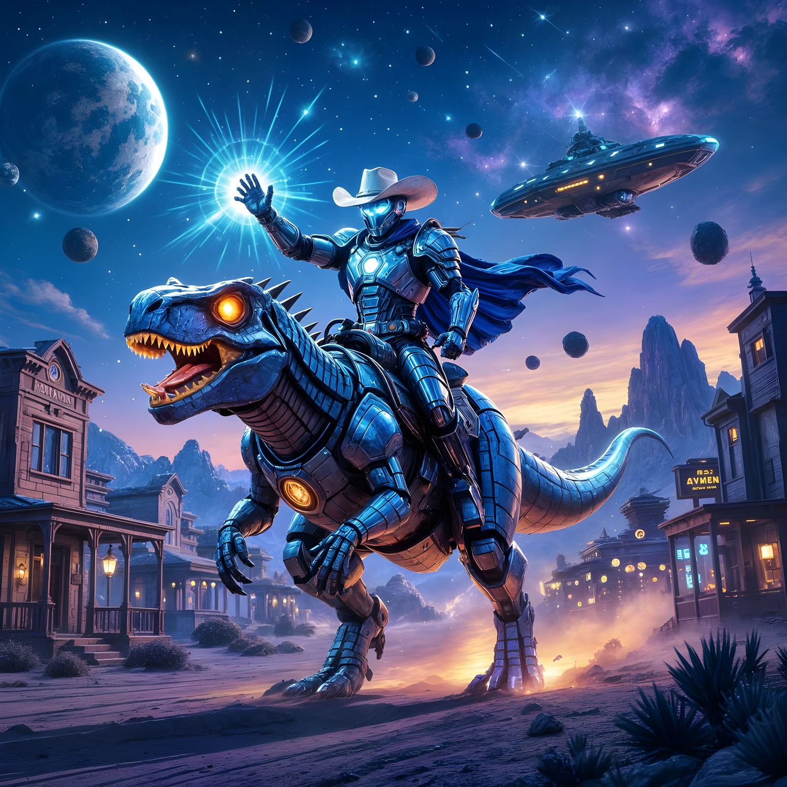 Space Cowboy Battles Asteroids on Cyber T-Rex