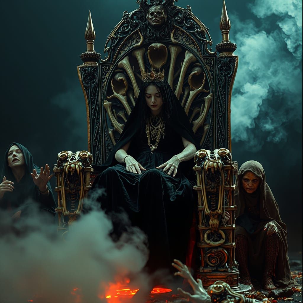 Mortified Queen on Bone Throne in Cinematic Style