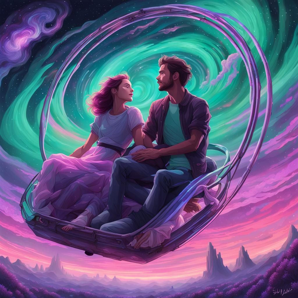 Weightless Embrace Above Cosmic Metropolis in Digital Art