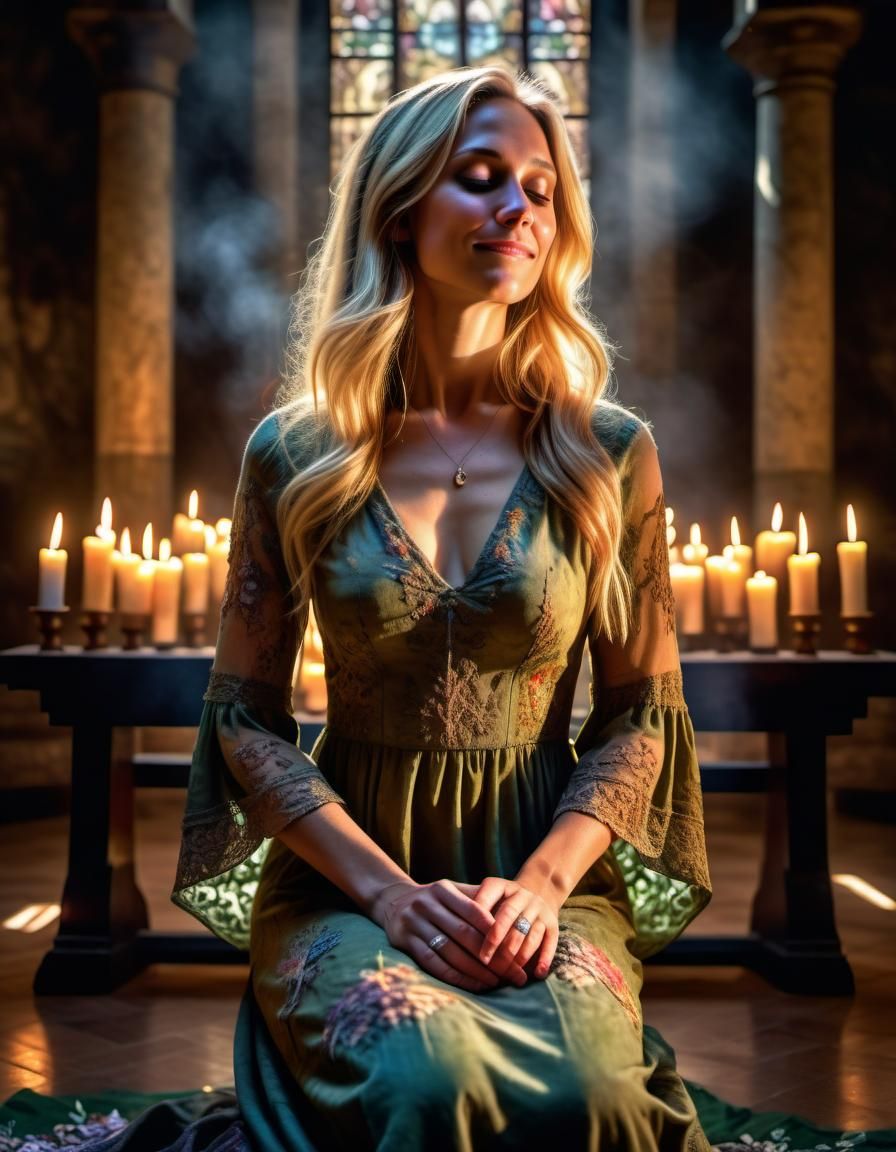 Watercolor Fractal: Woman at Altar in Candlelight