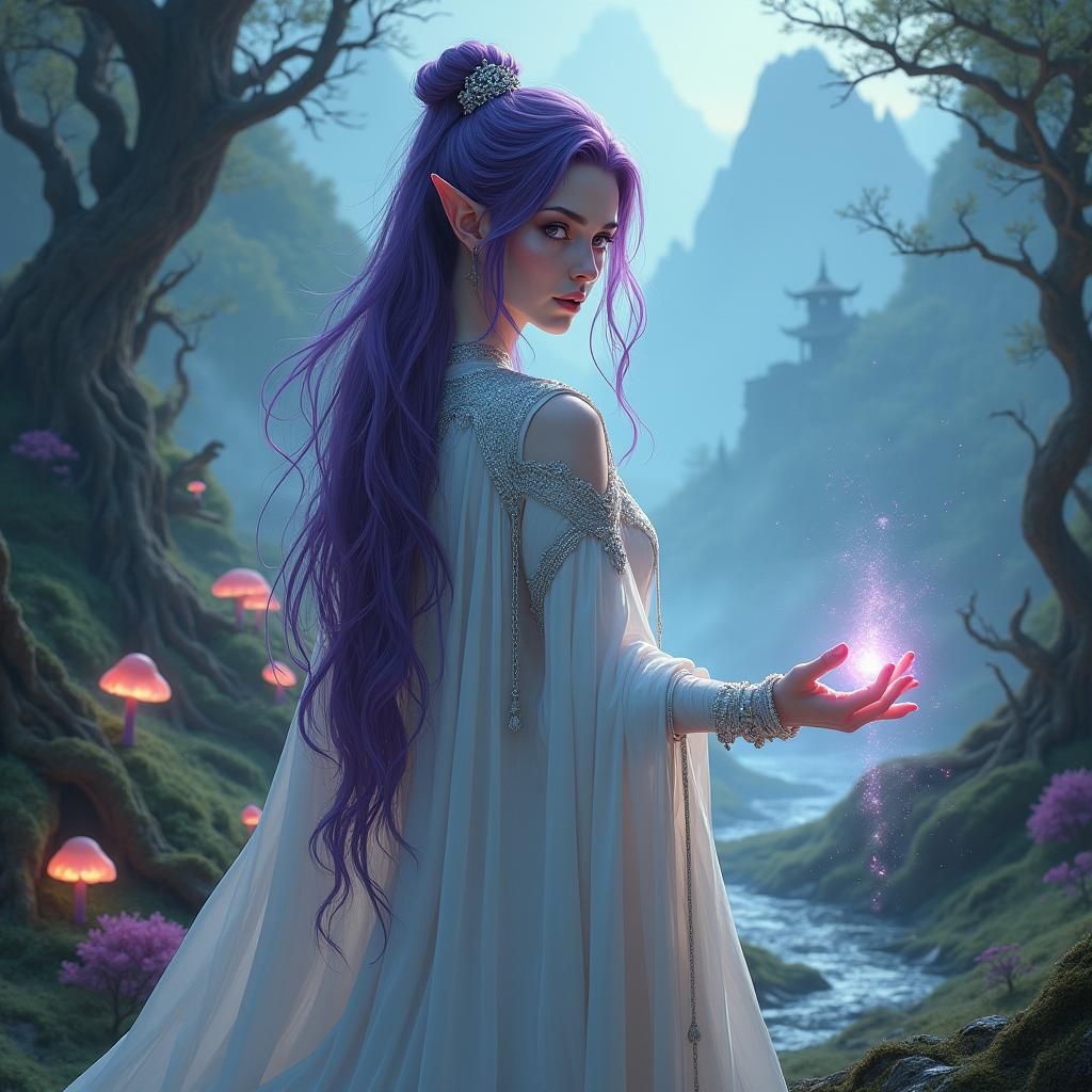High Elf Sorceress in Mystical Landscape, Matte Painting