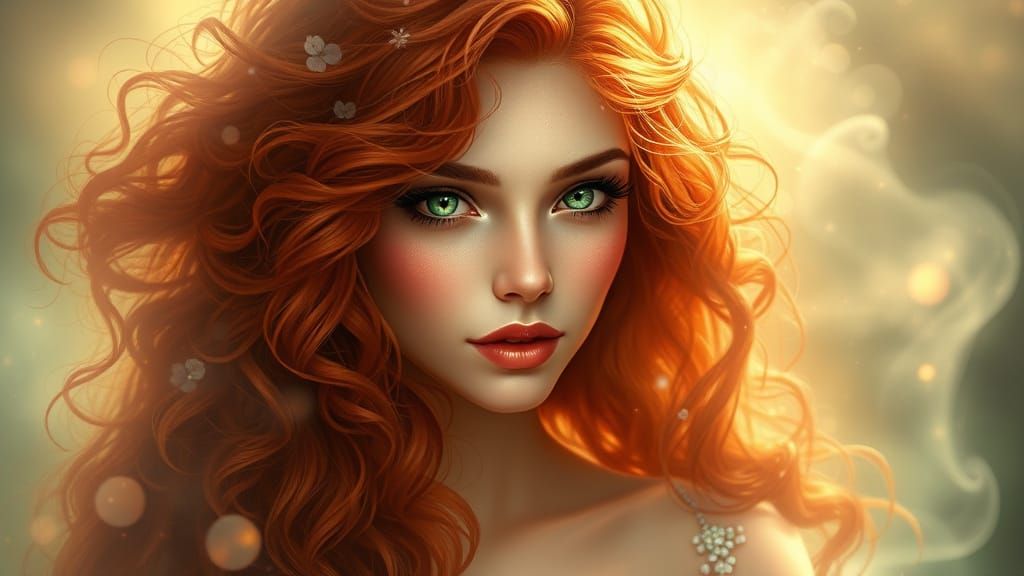 Ethereal Goddess with Red Hair and Green Eyes