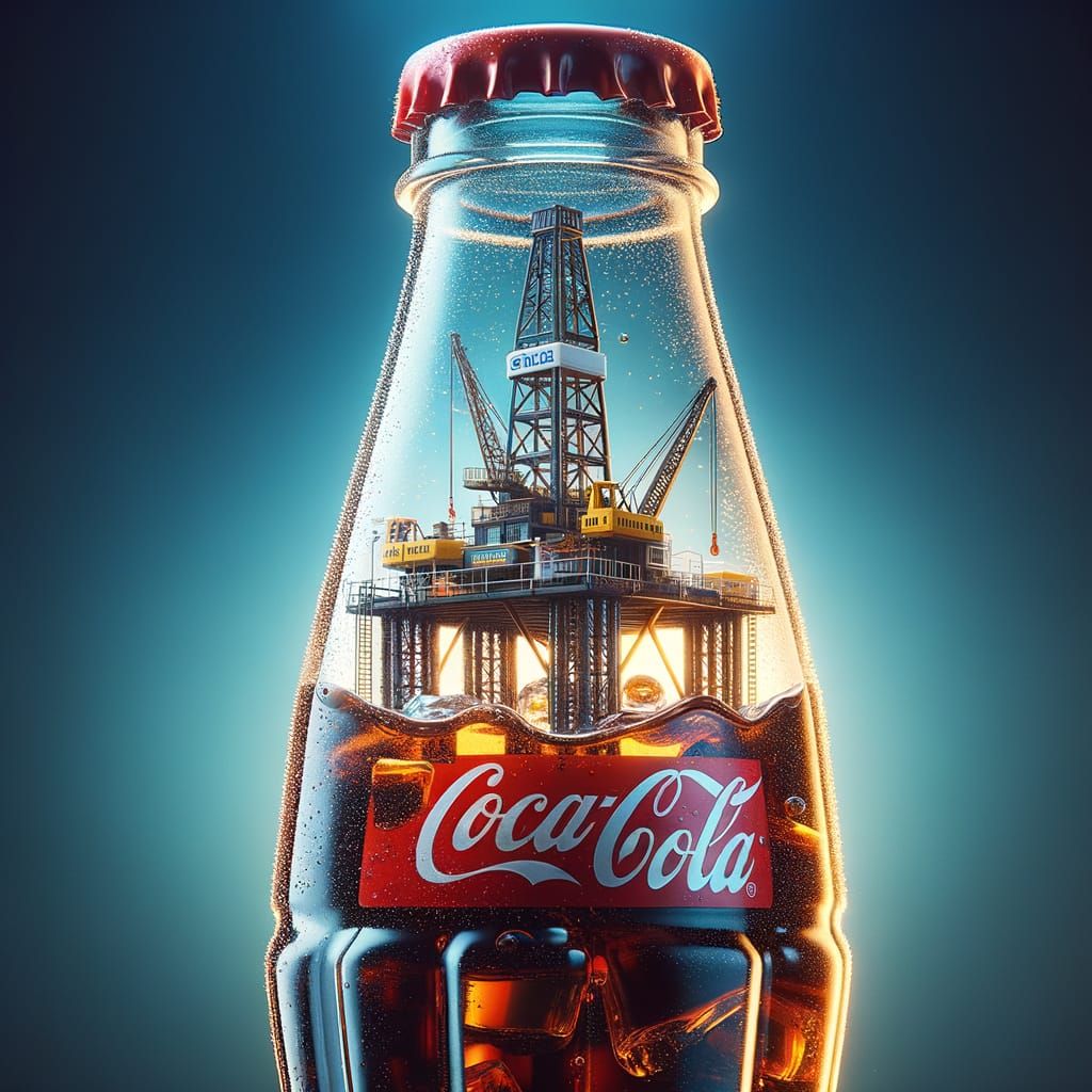 Miniature Oil Rig Floating in Cola Bottle: Photorealistic
