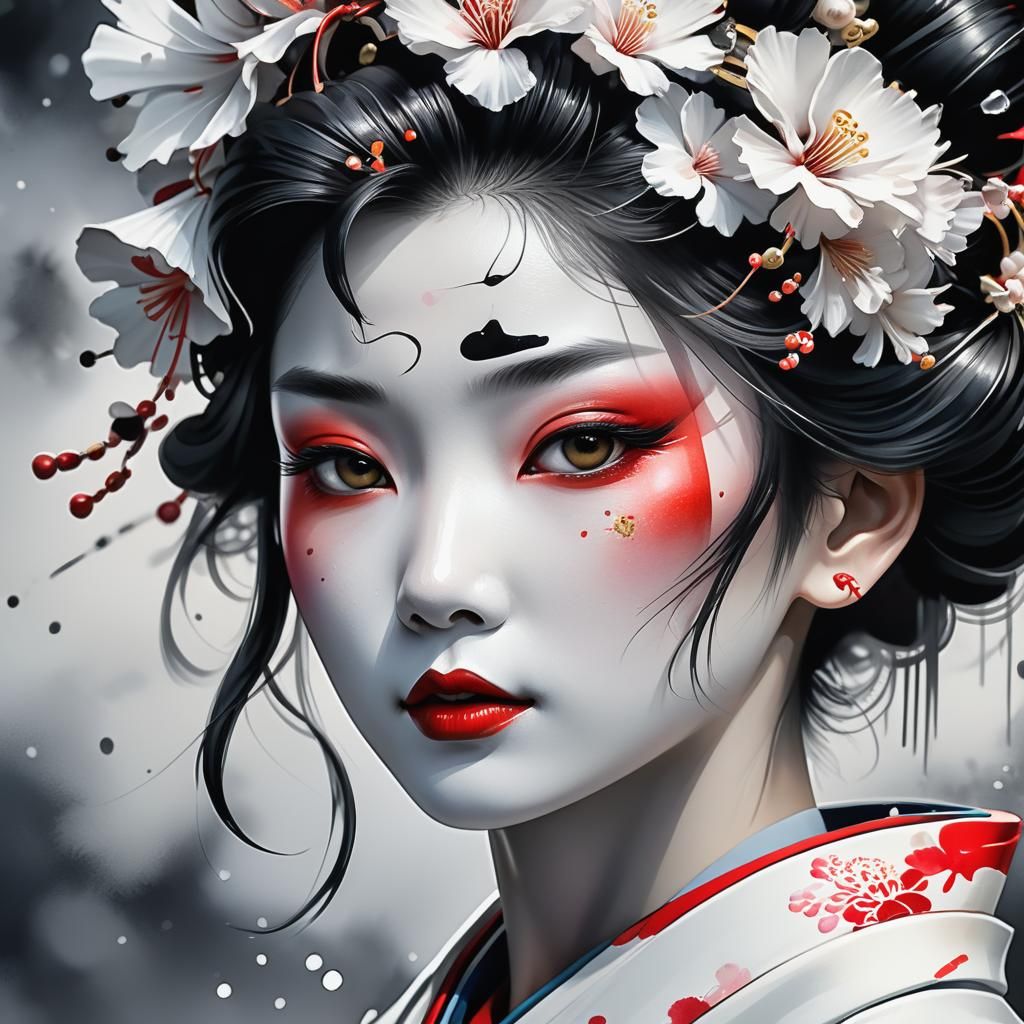 Monochrome Watercolor Portrait of a Beautiful Geisha