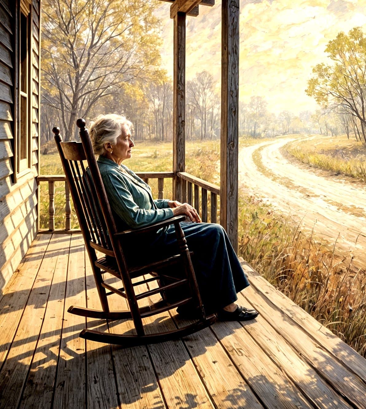 Elderly Woman on Porch in Impressionistic Oil Painting