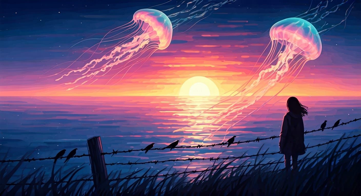 Ethereal Jellyfish Sunset: Dreamy Watercolour Painting
