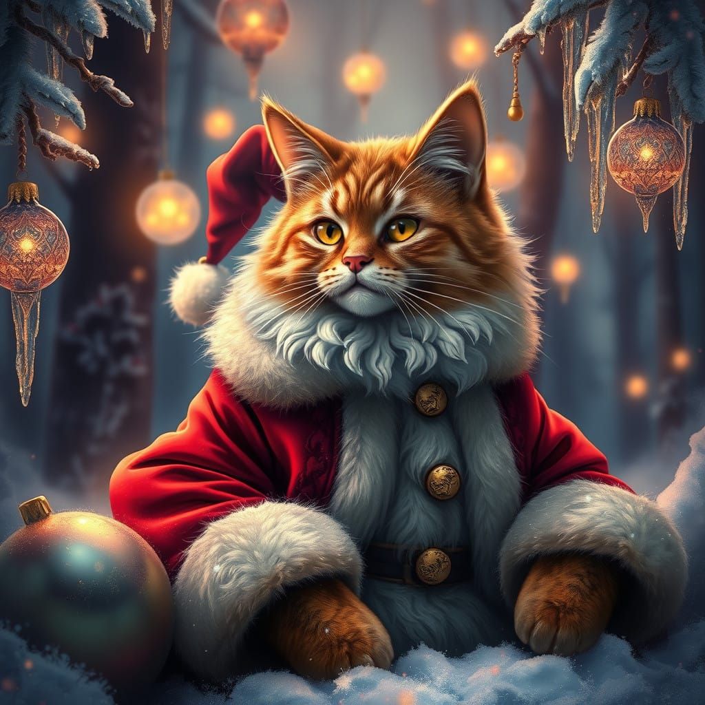 Regal Whiskered Santa in a Mystical Winter Scene