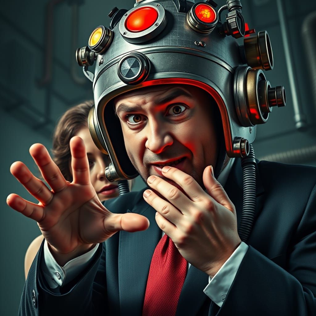 Man in Formal Suit Wears Oversized Helmet, Surrounded by War...