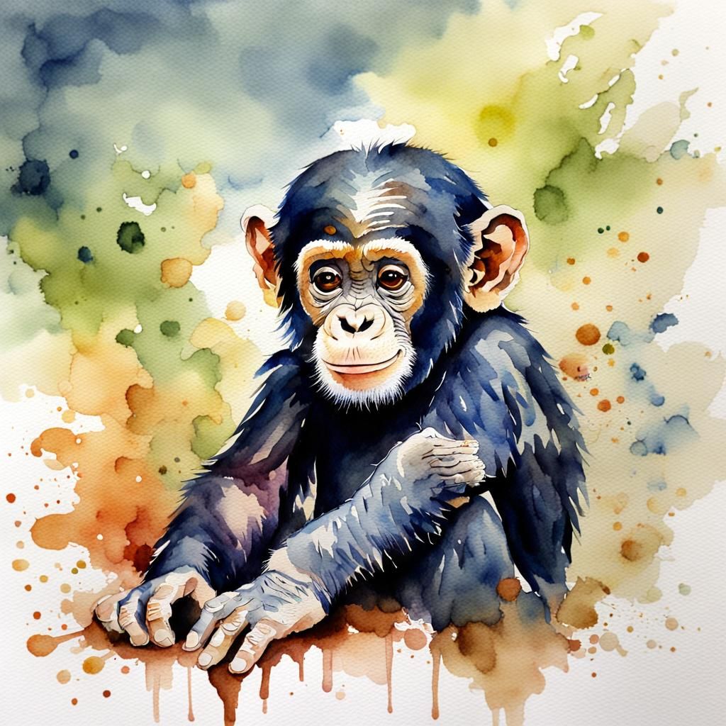 Delicate Watercolour Painting of a Baby Chimp
